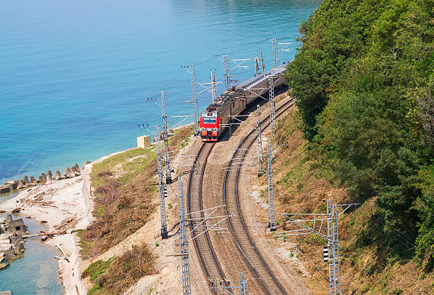 istock Train travels along the seashore 491892102