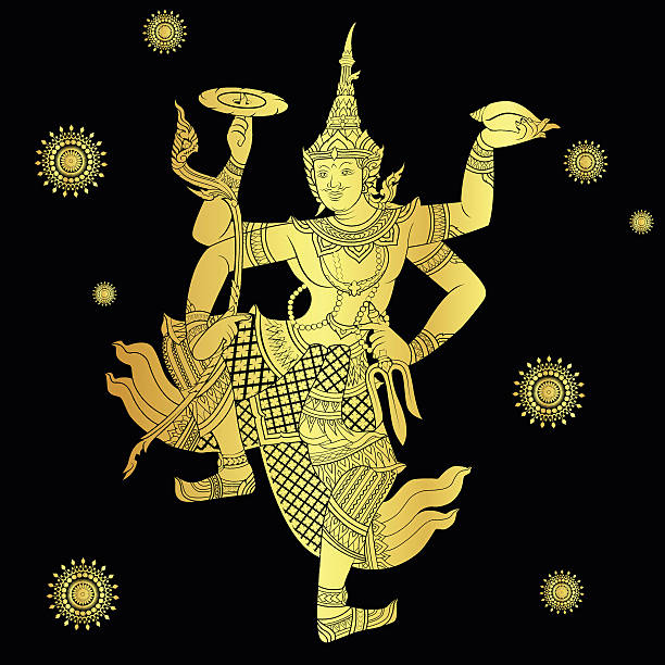 Drawing of Narayana in gold Vector Drawing of Narayana in gold on black background ramayana stock illustrations