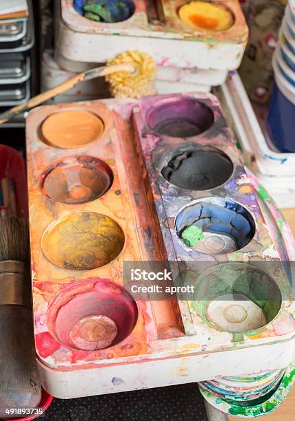 Detail View Of Heavily Used Water Color Box Stock Photo - Download Image Now - Artist's Palette, Color Image, Dirty