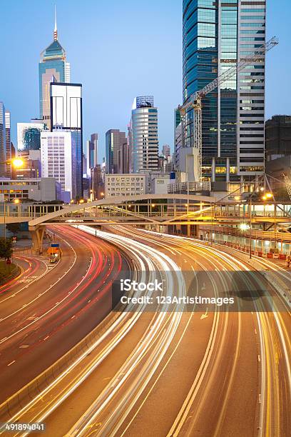 Road Light Trails On Streetscape Buildings In Hongkong Stock Photo - Download Image Now