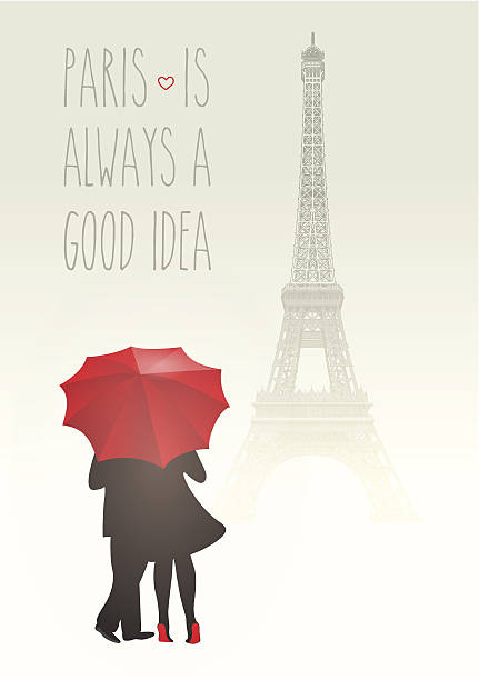 Lovers in Paris with red umbrella vector art illustration