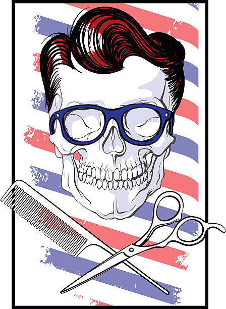 Skull with stylish hairdo and glasses in the barbershop Illustration with naturalistic image of a human skull. Skull has fashionable hairstyle and hipster glasses. Under the head crossed hairdressing scissors and comb. Against the background - blue, white and red stripes - a symbol of barber shop. Picture made in a retro style and is perfect for advertising Barber. human hair comb combing cartoon stock illustrations