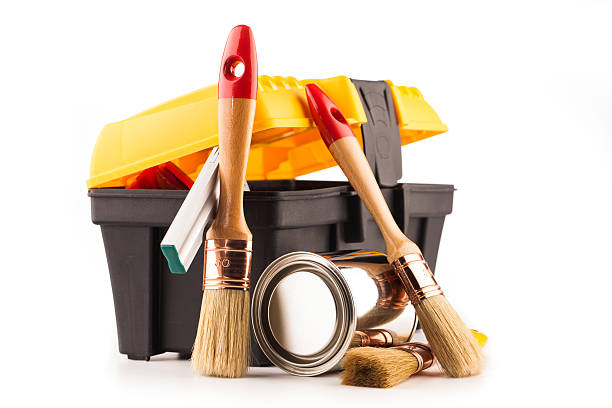 istock Can of paint with paintbrushes and toolbox 491907790