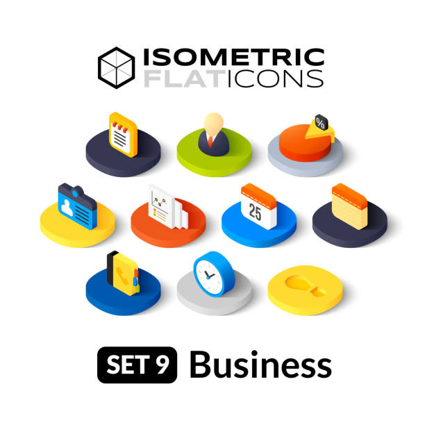 isometric flache icons set 9 - personal perspective vanishing point diminishing perspective staircase stock-grafiken, -clipart, -cartoons und -symbole