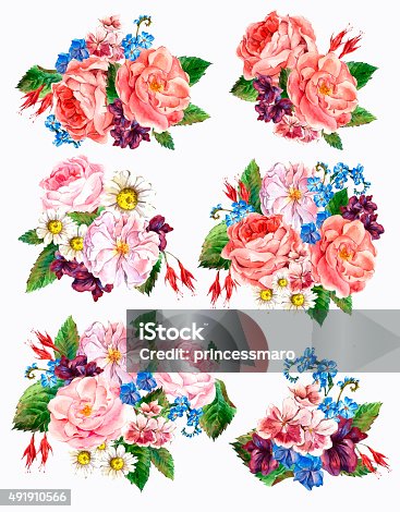istock Set vintage watercolor bouquet of roses and wildflowers, waterco 491910566