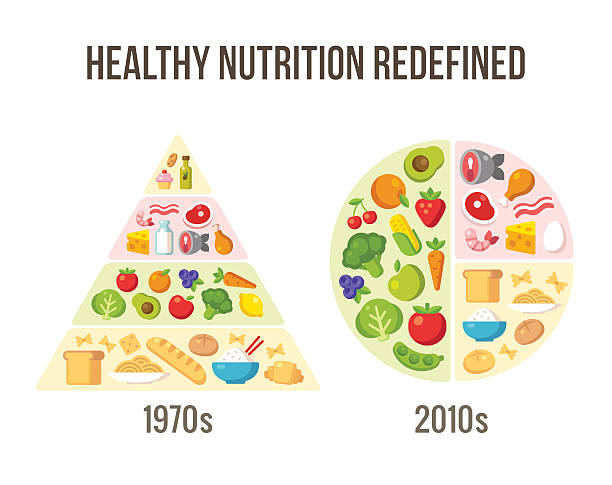 Healthy diet then and now Healthy diet infographics: classic food pyramid chart and modern nutrition advice. apple pie cheese stock illustrations