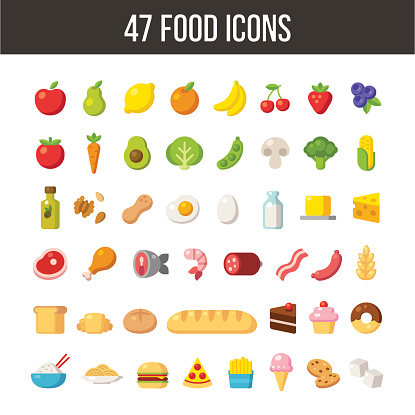 Large set of flat cartoon food icons: meat and dairy, fruits and vegetables, meals and desserts.