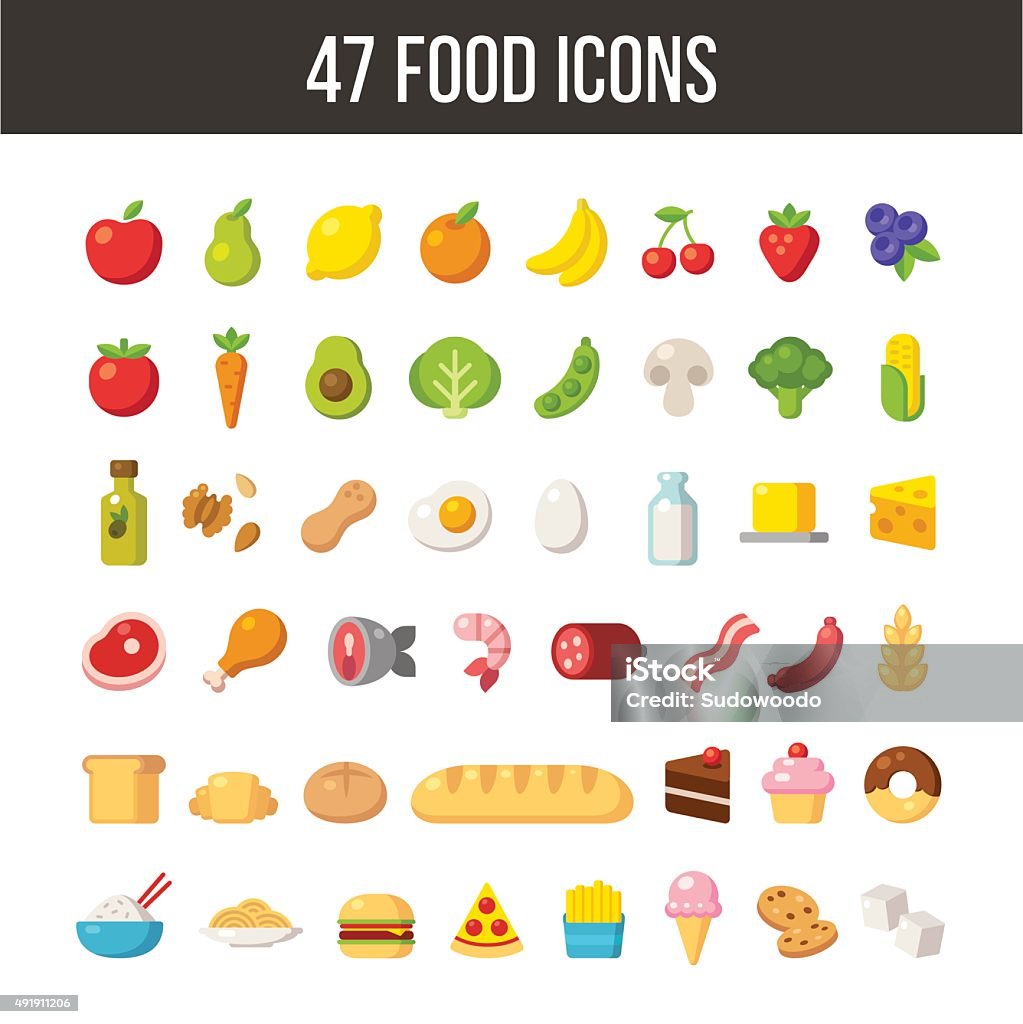 Food icons Large set of flat cartoon food icons: meat and dairy, fruits and vegetables, meals and desserts. Icon Symbol stock vector