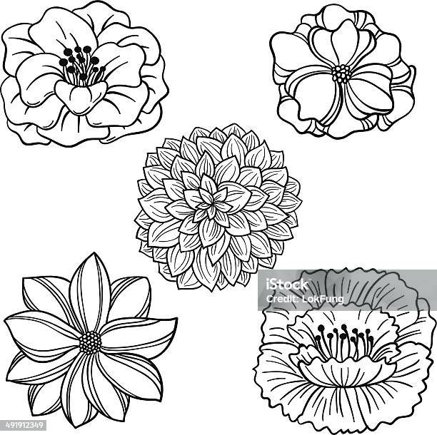 Flowers Collection In Black And White Stock Illustration - Download Image Now - Outline, Dahlia, Flower