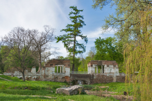 Old ruins in Oleksandriia Park founded in 1793 by the wife of the Polish hetman Franciszek Ksawery Branicki in Bila Tserkva, Ukraine