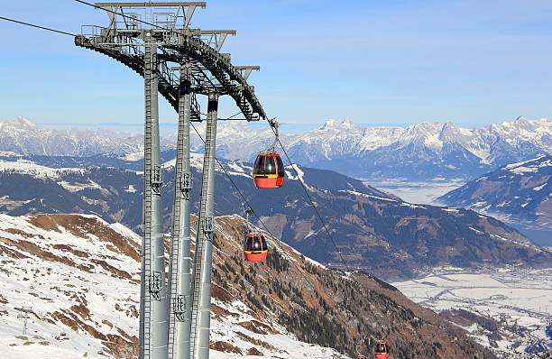 ski-resort in kitzsteinhorn/kaprun, österreich. - ski slope overhead cable car snow frost stock-fotos und bilder