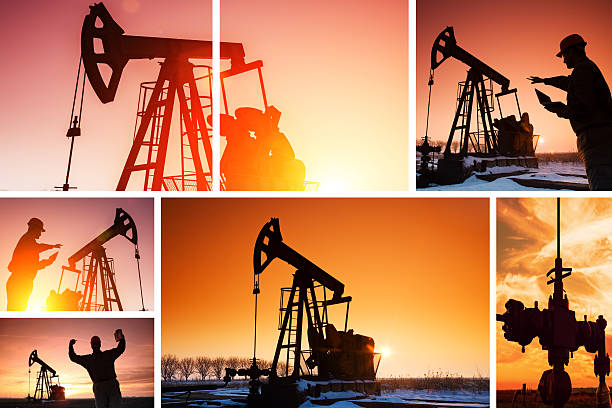 pumpjack, pôr-do-sol, luz, lente flare.split tela - lens barrel - fotografias e filmes do acervo