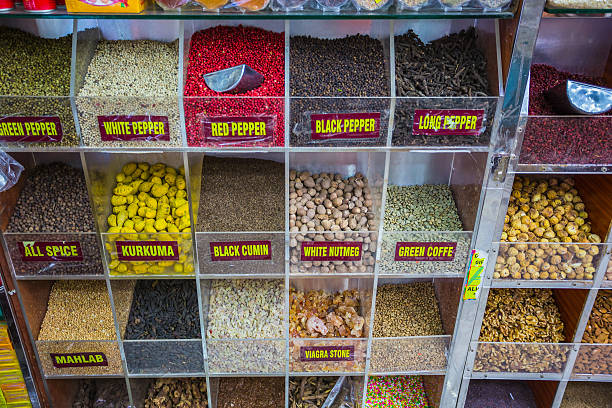 dried herbs flowers spices in the spice souq at Deira. UAE Dubai