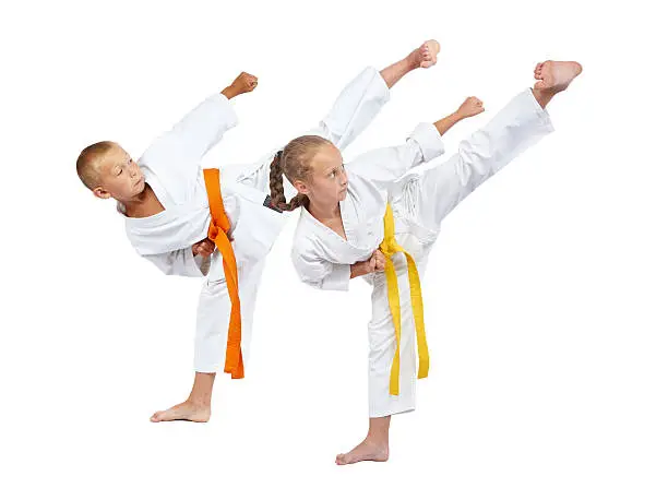 Two children in karategi beats Yoko geri