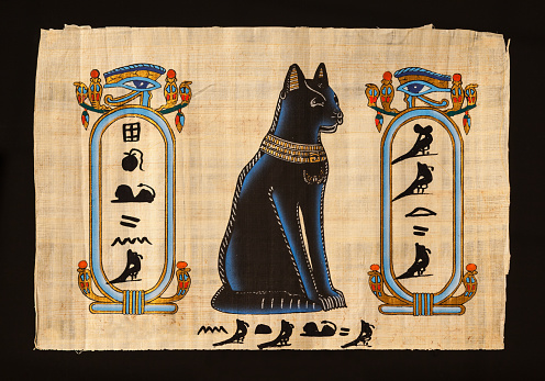 The papyrus with elements of the Egyptian ancient history, the character of mythology the goddess of love and the family center Bastet