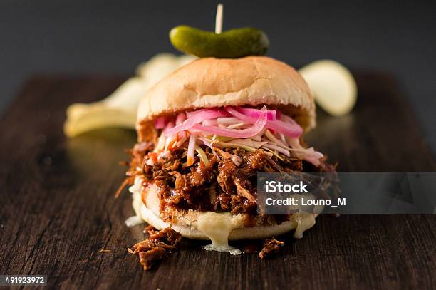 Pulled Pork Burger Stock Photo - Download Image Now - Food, Barbecue - Meal, Shredded