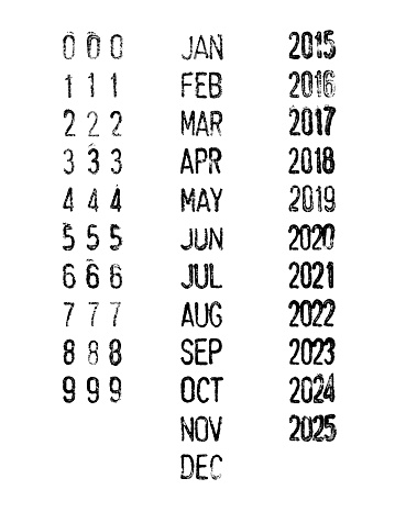 Rubber stamp dates-months-years isolated on white