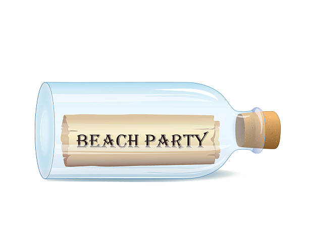 ilustraciones, imágenes clip art, dibujos animados e iconos de stock de botella con mensaje "beach party" - sailing ship shipping beached industrial ship