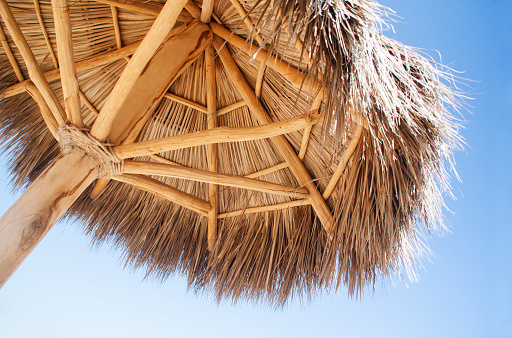 Looking up beneath a palapa sun shade, a thatched roof of wood and dried palm leaves. The natural umbrella provides cool protection from hot sun and clear sky in beach tropical climates. The open-sided architecture is a tourism icon for Mexico and Latin American travel destinations offering winter vacation holidays.