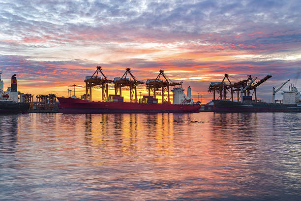 istock Cargo ship and crane at port reflect on river, twilight 491926232
