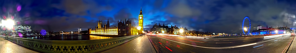 360 degree panoramic long exposure on Westminster Bridge at night. 
