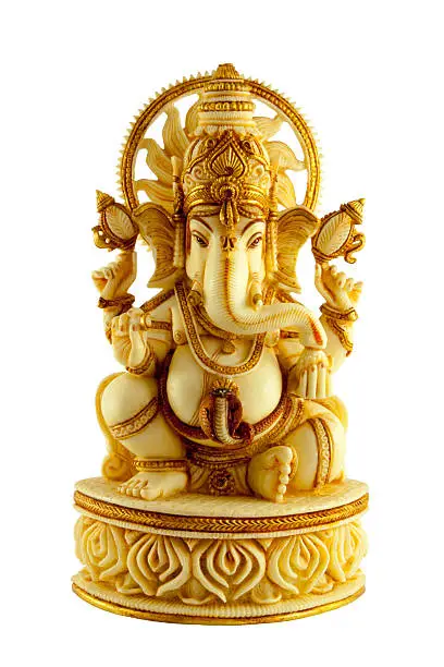 Isolated Marble Statue of the Elephant Headed Hindu God Ganapathi sitting on a Pedestral.