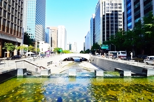 Cityscape of Seoul at Cheonggyecheon, a tourist attraction, a place to relax and cultural space in Seoul, South Korea