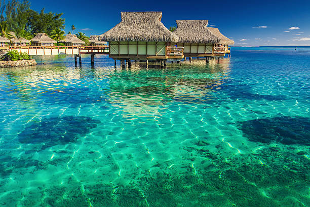 Villas in the lagoon with steps into shallow water Villas in the lagoon with steps into shallow clean water with coral hut stock pictures, royalty-free photos & images
