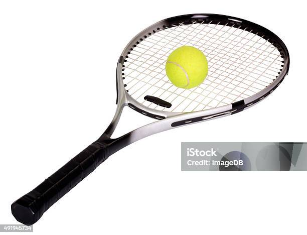 Closeup Of A Tennis Racket With A Tennis Ball Stock Photo - Download Image Now - Tennis Racket, Tennis, Sports Ball