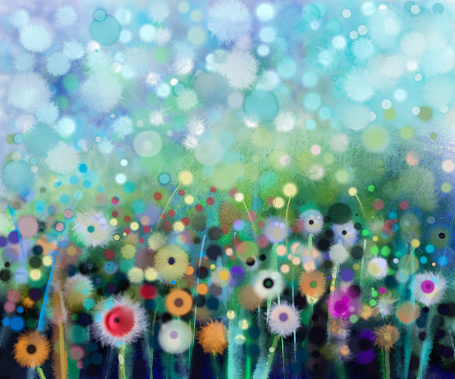 Abstract floral watercolor painting. Hand paint Yellow and white flowers dandelion in soft color on green-blue color background.Spring flower seasonal nature background