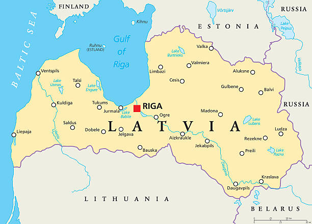 Latvia Political Map Latvia political map with capital Riga, national borders, important cities, rivers and lakes. English labeling and scaling. Illustration. latvia stock illustrations