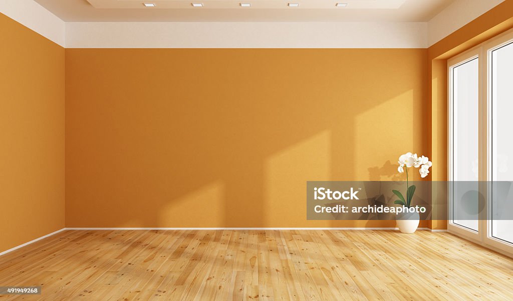Empty orange room Empty orange room with wooden floor -3D Rendering Living Room Stock Photo