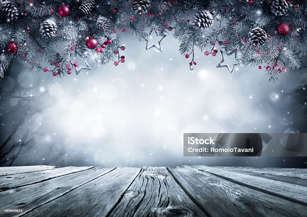 Winter background with frost fir branch and wooden planks Vintage Table With Christmas Decor and Shining Background Christmas Stock Photo
