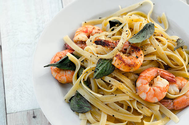 istock Fettuccini with shrimps and basil leaves 491950934