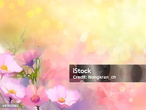 istock Oil painting nature grass-pink cosmos flower 491951082