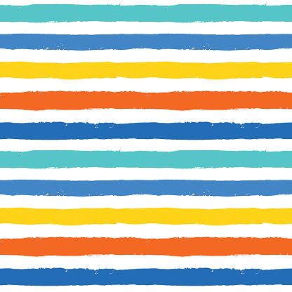 Vector Brush Stroke Textured Seamless Pattern. Colorful striped pattern, painted background. Brush stroke texture. Horizontal lines design. Vibrant colors of blue, orange, yellow, white. Grunge style