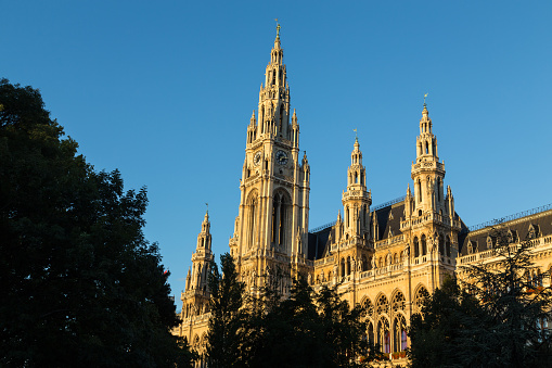 The outside of part of the Rathaus in Vienna during the morning.