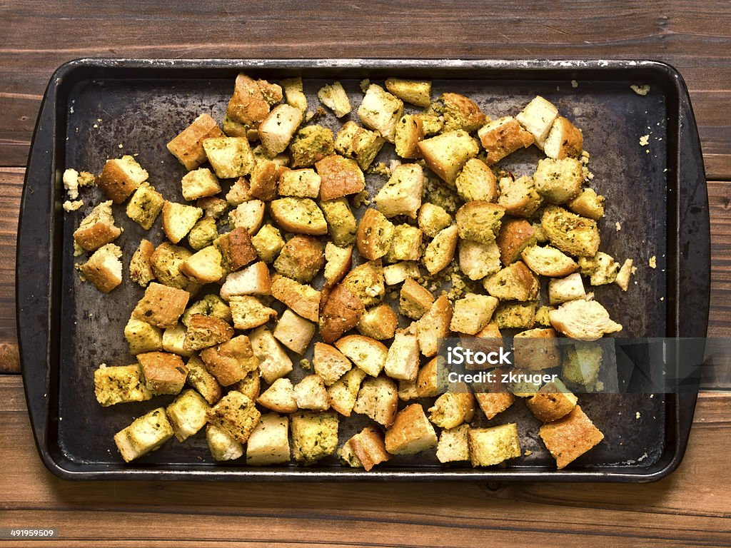 crouton close up of a tray of rustic homemade baked croutons Baked Stock Photo