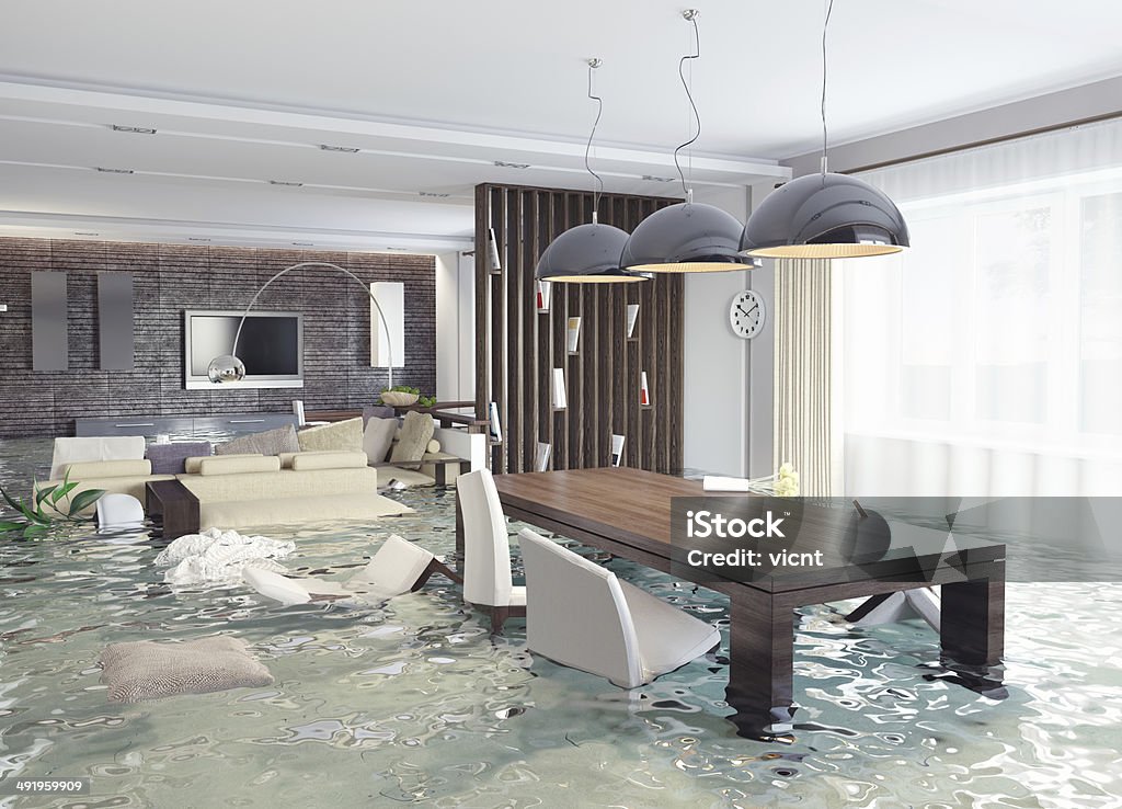 3D concept of contemporary interior flooding flooding in luxurious interior. 3d creative concept Flood Stock Photo