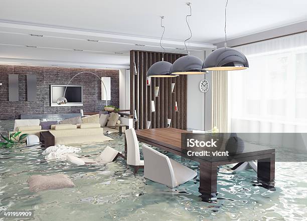 3d Concept Of Contemporary Interior Flooding Stock Photo - Download Image Now - Flood, House, Home Interior