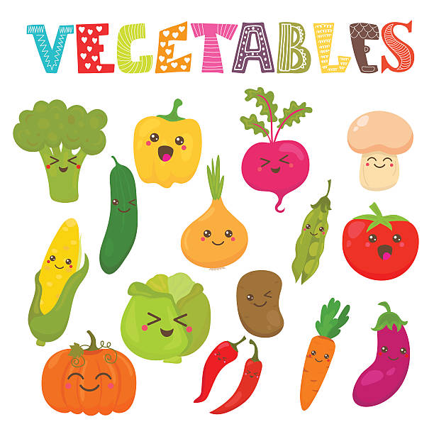 Cute kawaii smiling vegetables. Healthy style collection Cute kawaii smiling vegetables. Healthy style collection. Vector illustration radish art drawing stock illustrations