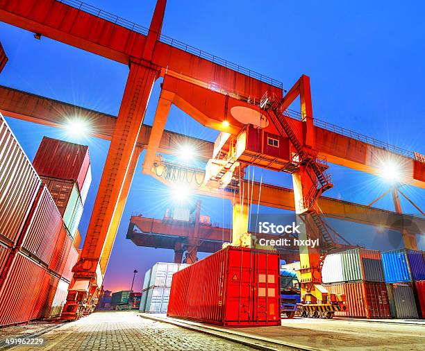 Industrial Port With Containers Stock Photo - Download Image Now - Blue, Brown, Business