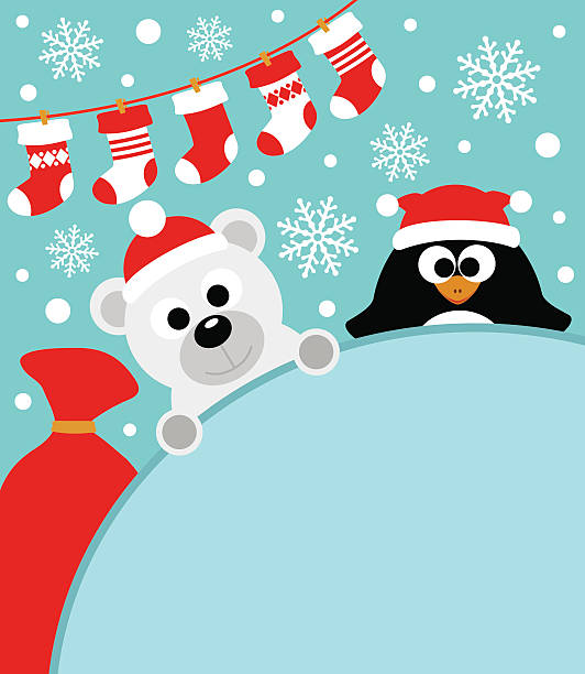 ilustrações, clipart, desenhos animados e ícones de ano novo fundo com penguin e urso polar - tube socks