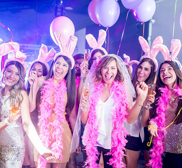 bride having fun on her bachelorette party - bachelorette party imagens e fotografias de stock