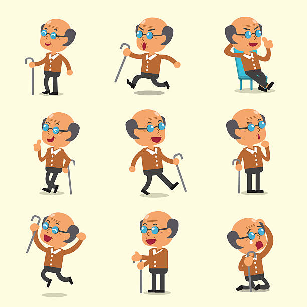 Cartoon old man character poses on yellow background Cartoon old man character poses on yellow background for design. clip art of a old man crying stock illustrations