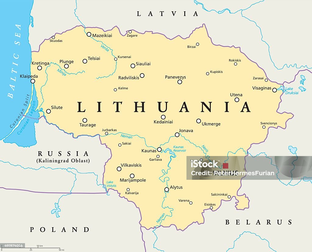 Lithuania Political Map Lithuania political map with capital Vilnius, national borders, important cities, rivers and lakes. English labeling and scaling. Illustration. Lithuania stock vector