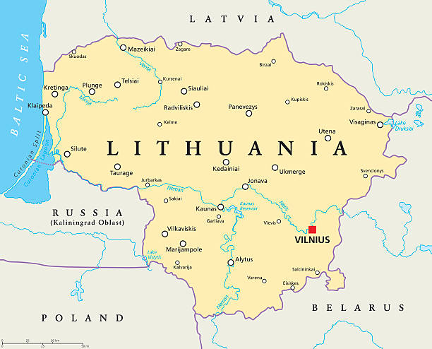 Lithuania Political Map Lithuania political map with capital Vilnius, national borders, important cities, rivers and lakes. English labeling and scaling. Illustration. lithuania stock illustrations