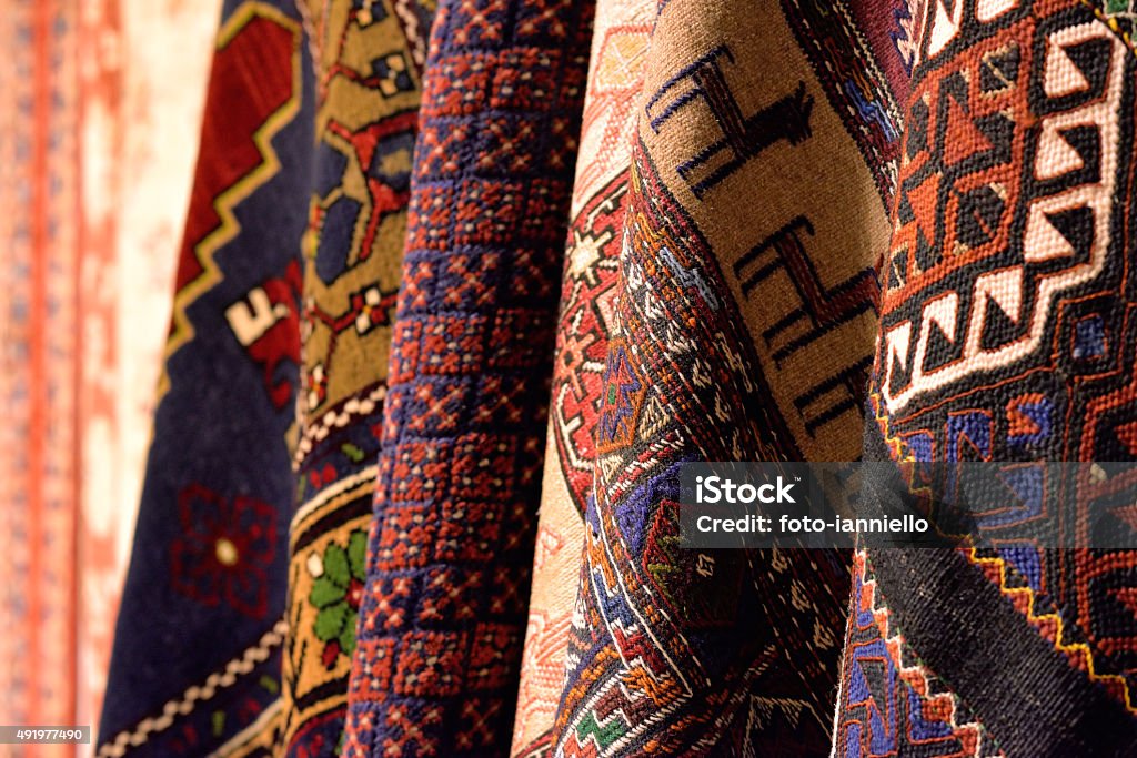 Group of turkish carpets. Turkish carpets at Grand Bazaar in Istanbul, Turkey. Rug Stock Photo