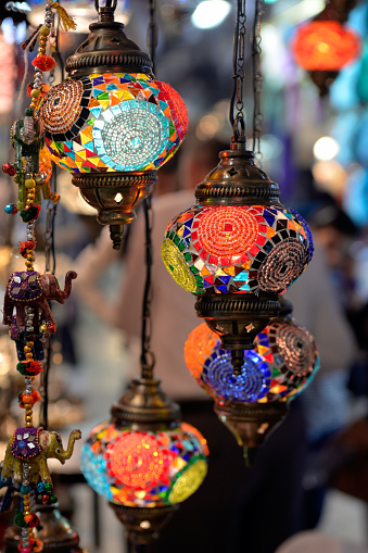 Colorful lamps hanging at the Grand Bazaar in Istanbul, Turkey.