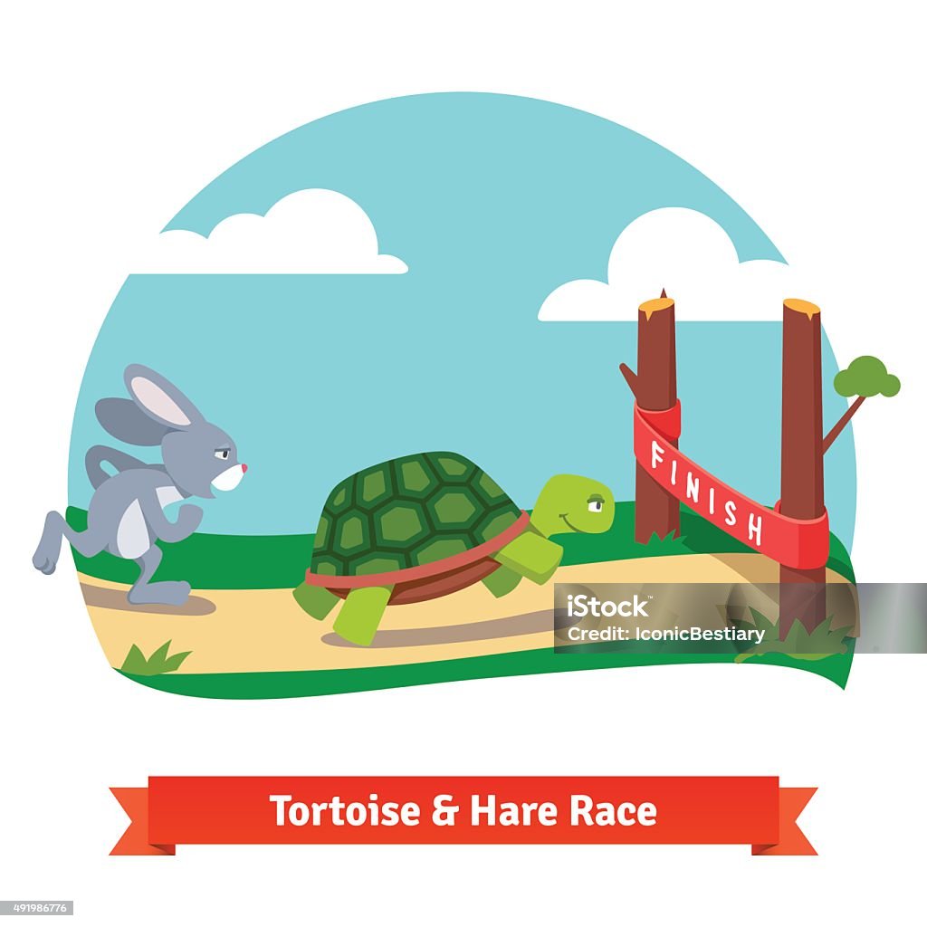 The Tortoise and the Hare racing together to win The Tortoise and the Hare. Turtle and rabbit racing together to win. Finish line red ribbon. Flat style vector illustration isolated on white background. Tortoise stock vector